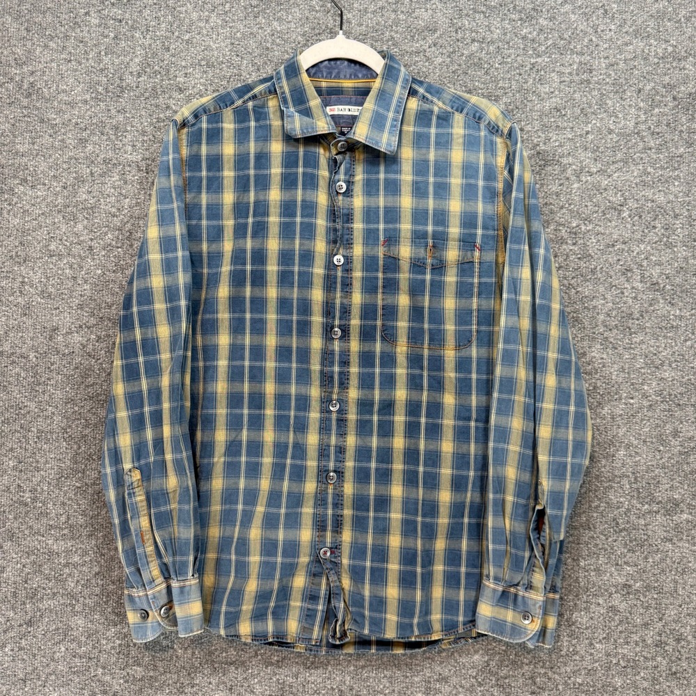 32 Bar Blues Button‎ Down Shirt Men Medium Blue Yellow Plaid Long Sleeve Pocket